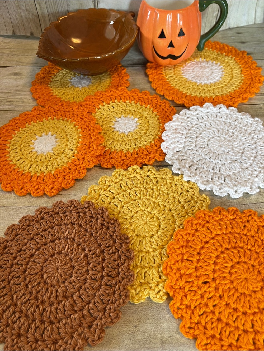 Bundle of 8 Halloween & Fall Colors Crochet Candy Corn Coasters/Small Doilies